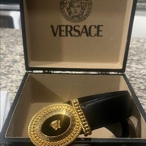 Versace Mens Belt with Gold Medusa Buckle